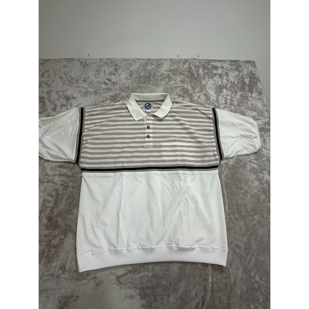 Greenline Polo Shirt Mens Size XL White w/ Beige Stripes Short Sleeve NWOT
